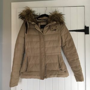 Zara Tan Puffer Jacket with Faux Fur Hood
